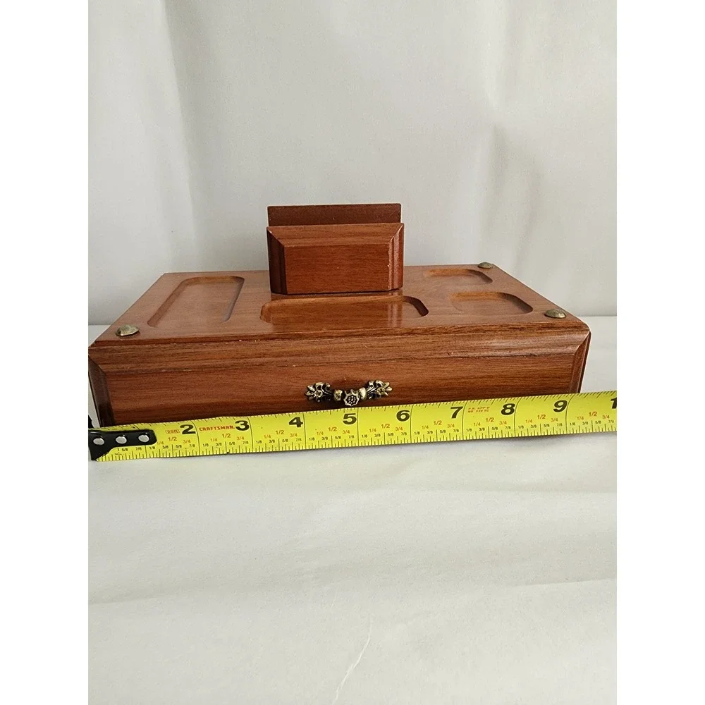 Vintage Wooden Valet Box Desk Organizer Mail Holder Jewelry Drawer Brown Brass
